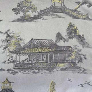 Pagoda & Junk Boat Chinoiserie Cream Satin Floral Curtain