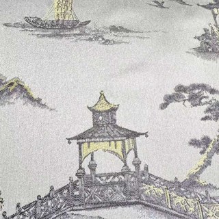 Pagoda & Junk Boat Chinoiserie Cream Satin Floral Curtain 3