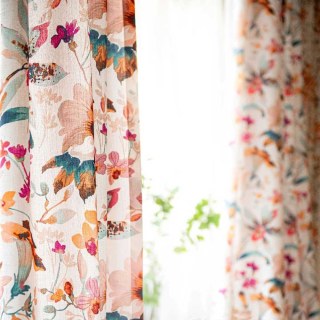 Summer Blooms Multicolor Pink Red Linen Style Floral Curtain