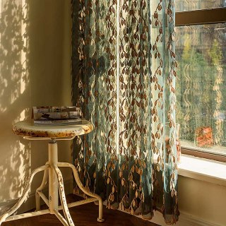 Sunlit Leaves Dark Green and Gold 3D Embroidered Voile Curtain 3