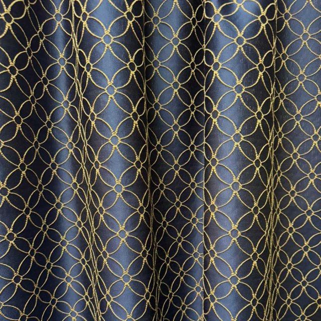 Belle Fleur 3D Jacquard Arabesque Navy Blue Curtain with Gold Details 1