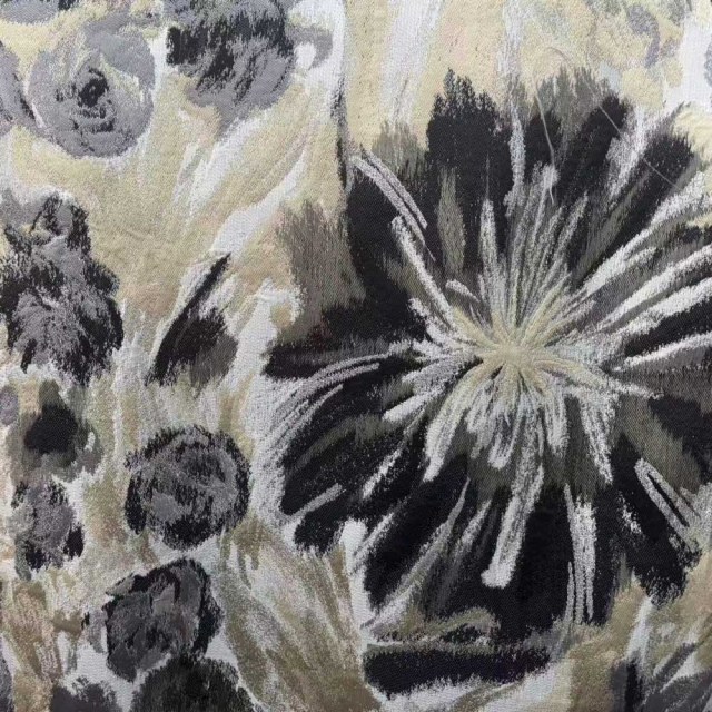 Noir Petals Black and Cream Abstract Floral Curtains with Silver Details 1