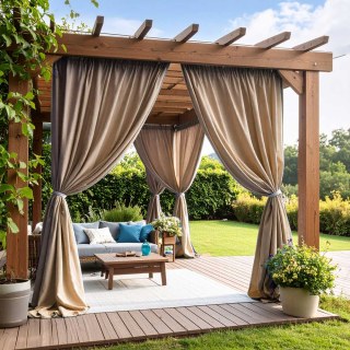 Endless Summer Waterproof Mocha Oatmeal Linen Style Outdoor Heavy Sheer Curtain