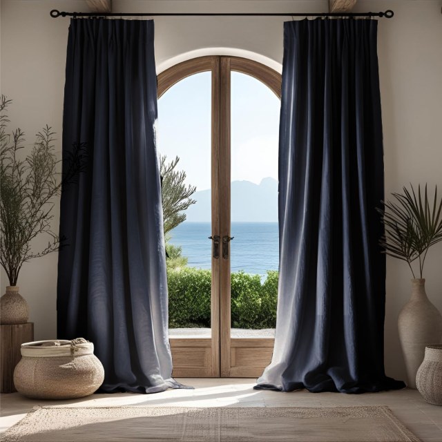 Shabby Chic Midnight Navy Blue 100% Flax Linen Curtain 1
