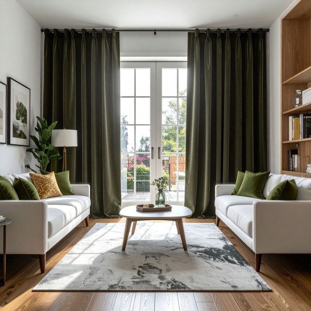 Double Plush Dark Olive Green Chenille Blackout Curtain 1