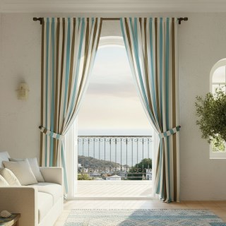 Riviera Turquoise Blue Brown and White Bold Striped Cotton Blend Curtain 2