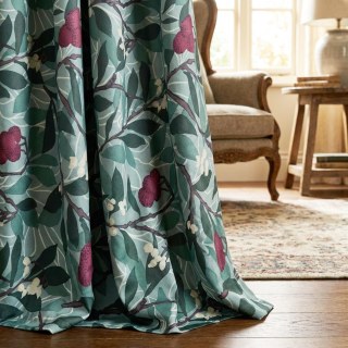 Arbutus Red Berries William Morris Green Floral Velvet Curtain
