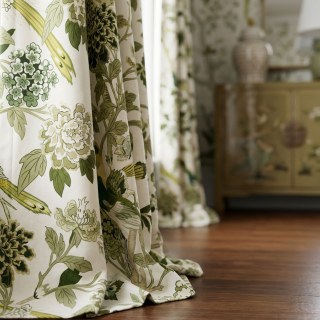 Birds & Blossoms Chinoiserie Olive Green Floral Velvet Curtain
