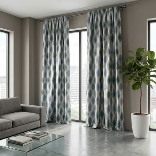 Ikat Ripples Blue and Teal Ogee Geometric Curtains with Silver Details
