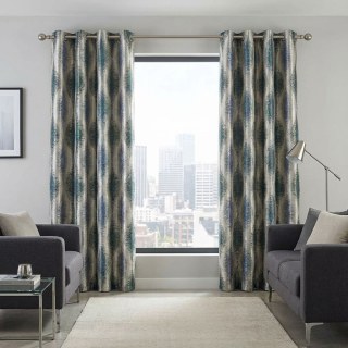 Ikat Ripples Blue and Teal Ogee Geometric Curtains with Silver Details 4
