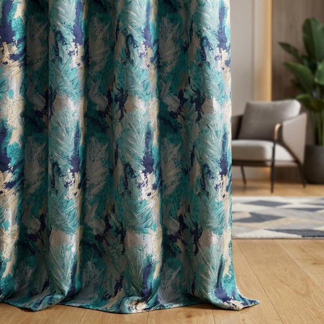 Jungle Mist Luxury Jacquard Teal Blue Abstract Curtains 1