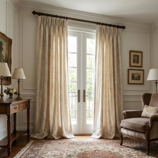 Opulent Floral Luxury Jacquard Satiny Beige Cream Damask Curtain 2