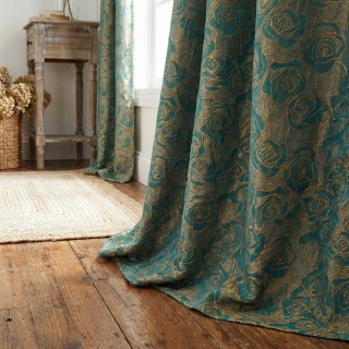 Rose Reverie Dark Green and Gold 3D Jacquard Floral Curtain 3