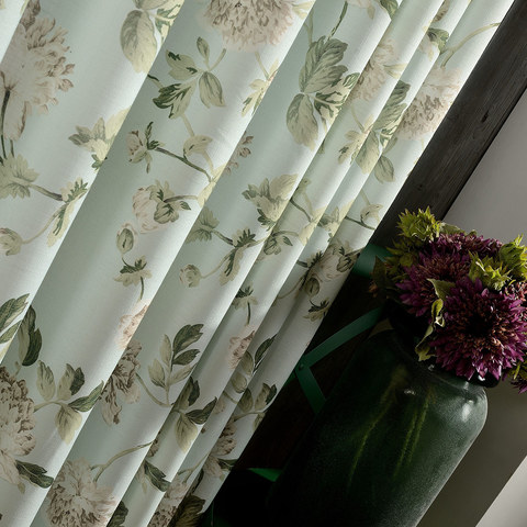 Pastel Peony Green and Cream Floral Curtain