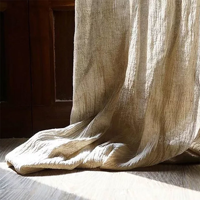 Shabby Chic Crushed Flax Linen Natural Color Heavy Semi Sheer Curtain