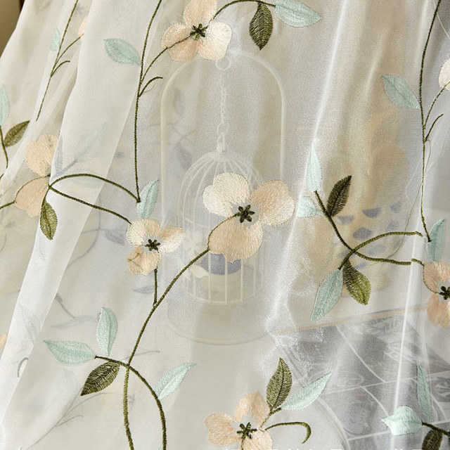 Fancy Pansy Green Leaf Embroidered Organza Sheer Curtain