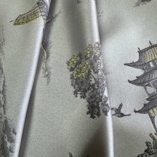 Pagoda & Junk Boat Chinoiserie Cream Satin Floral Curtain 4