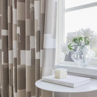 Urban Grid Monochrome Mocha Cream and White Chenille Geometric Curtain