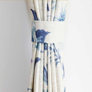 French Iris Porcelain Blue & White Linen Style Floral Curtain 4