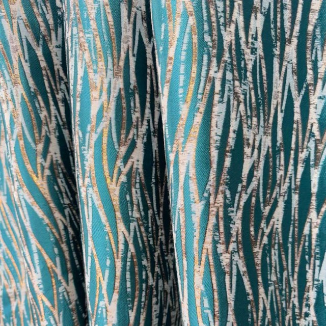 Woven Drift Abstract Geometric Teal Curtains with Gold Details 1