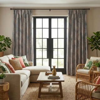 Fan Palm Silhouette Duck Egg Blue Satin Tropical Leaves Curtain