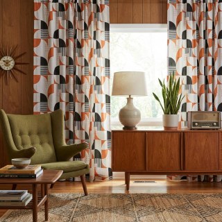 Retro Rhythm Mid Century Modern Orange and Black Geometric Curtain 2