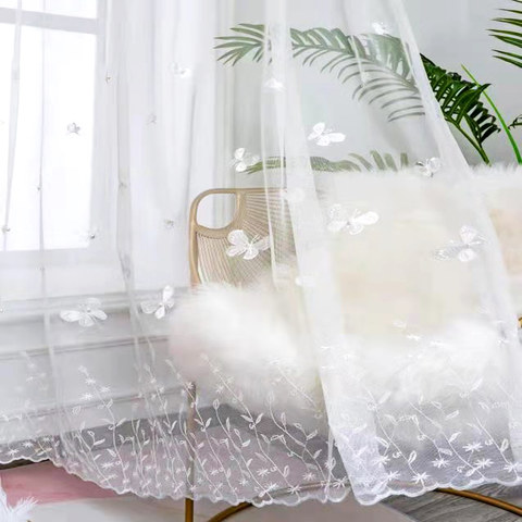 Gracieuse Rideau en Voile Blanc Brodé de Perles de Verre Papillon 1