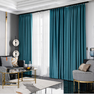 Houndstooth Motif Rideau Occultant Bleu Canard et Noir 2