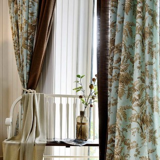 French Campagne Rétro Bleu et Marron Pie Bâillon Fougère Rideau Floral 2