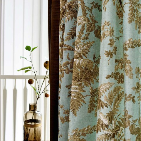 French Campagne Rétro Bleu et Marron Pie Bâillon Fougère Rideau Floral 1