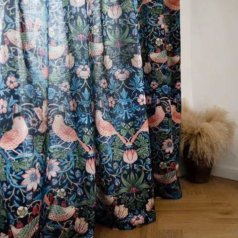 Strawberry Thief William Morris Bleu Marine Floral Jute Style Rideau 1