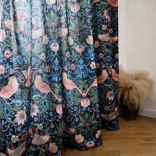 Strawberry Thief William Morris Bleu Marine Floral Jute Style Rideau 1