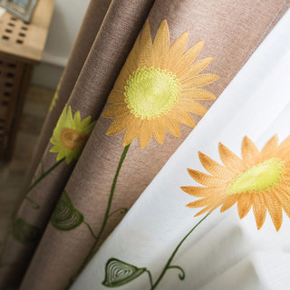 Jaune Brun Tournesol et Papillon Brodé Rideau 1