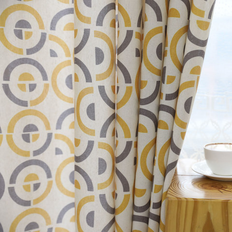 Cercle de Vie Moderne Jaune & Gris Motif Géométrique Rideau en Mélange de Coton 1