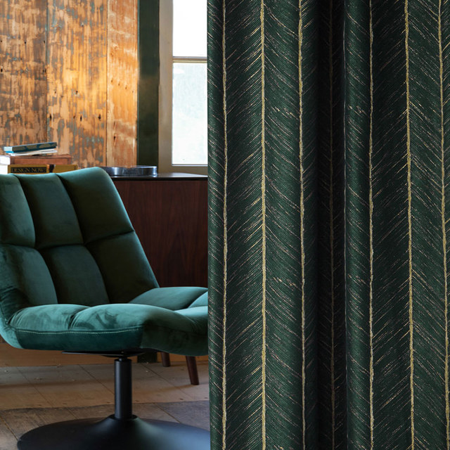 Nouveau Look Luxe Art Déco Chevron Vert Foncé & Or Étincelant Rideau Géométrique 1