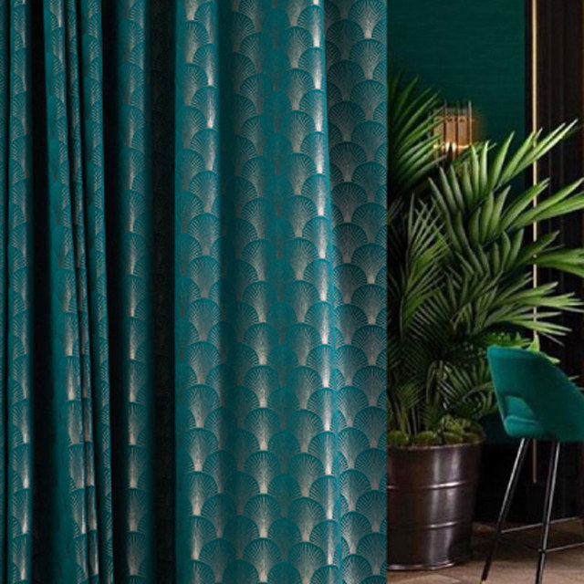 La Luxueuse Rideau Géométrique Turquoise & Argent à Motif Coquillage Art Déco des Années Folles 1