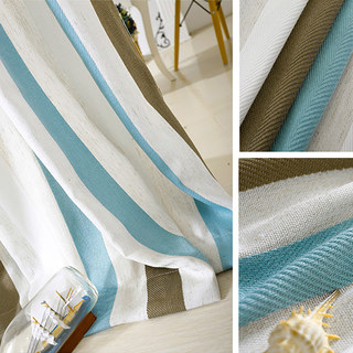Riviera Turquoise Bleu Brun et Blanc Rideau à Rayures Audacieuses en Mélange de Coton 3
