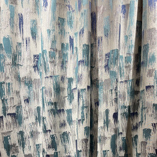 Impressionist Strokes Luxe Jacquard Turquoise Bleu Rideau avec Détails Argentés 3
