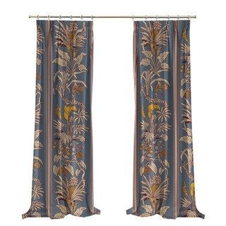 Botanica Bleu Rayé Imprimé Floral Rideau en Velours