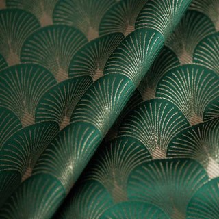 La Somptueuse Année Vingt Luxe Art Déco Coquillage Motif Vert Foncé & Or Rideau 6
