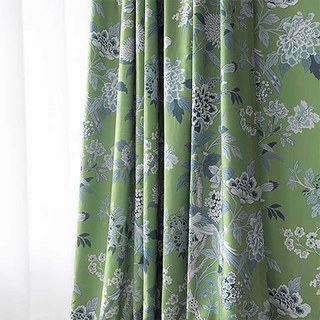 Oiseaux & Fleurs Chinoiseries Bleu & Vert Rideau en Velours Floral 5