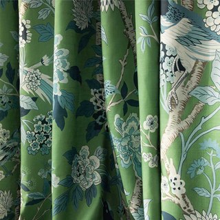 Oiseaux & Fleurs Chinoiseries Bleu & Vert Rideau en Velours Floral 2