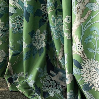 Oiseaux & Fleurs Chinoiseries Bleu & Vert Rideau en Velours Floral 3