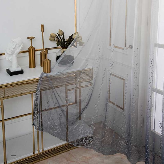Charbon Gris Dégradé Brodé Floral Voile Rideau 1