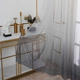 Charbon Gris Dégradé Brodé Floral Voile Rideau