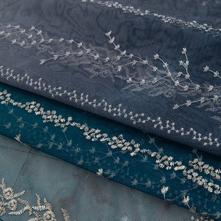 Bleu Pacifique Ombré Brodé Floral Rideau Voile 6