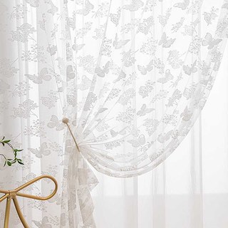 Rose et Papillon Ivoire Blanc Jacquard Floral Dentelle Rideau en Tulle
