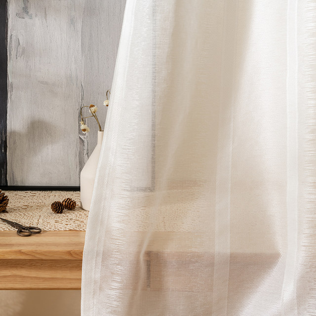 Sol Ivoire Blanc Texturé Blanc Rayé Rideau Voile Lourd 1