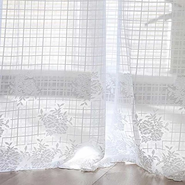 Jardin de roses à carreaux, rideau en dentelle ivoire blanc à bords festonnés 1