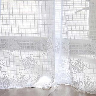 Jardin de roses à carreaux, rideau en dentelle ivoire blanc à bords festonnés 1